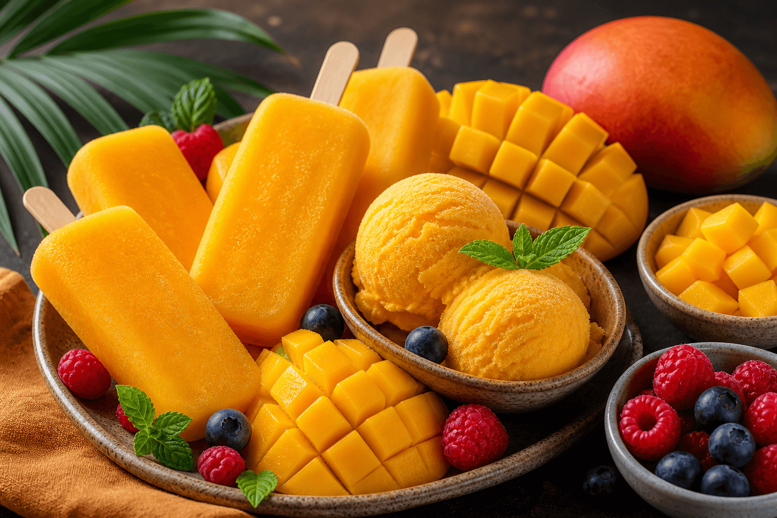 Caramel and mango ice cream with waffle cookies