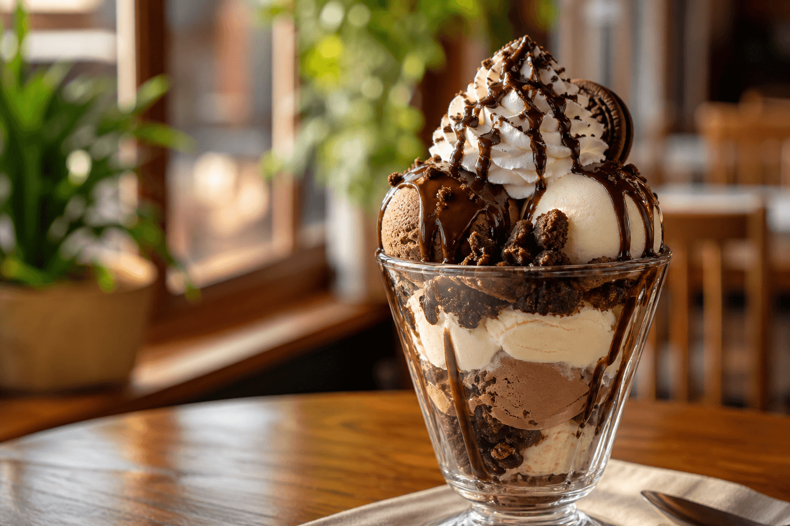 Chocolate and vanilla sundae in a glass